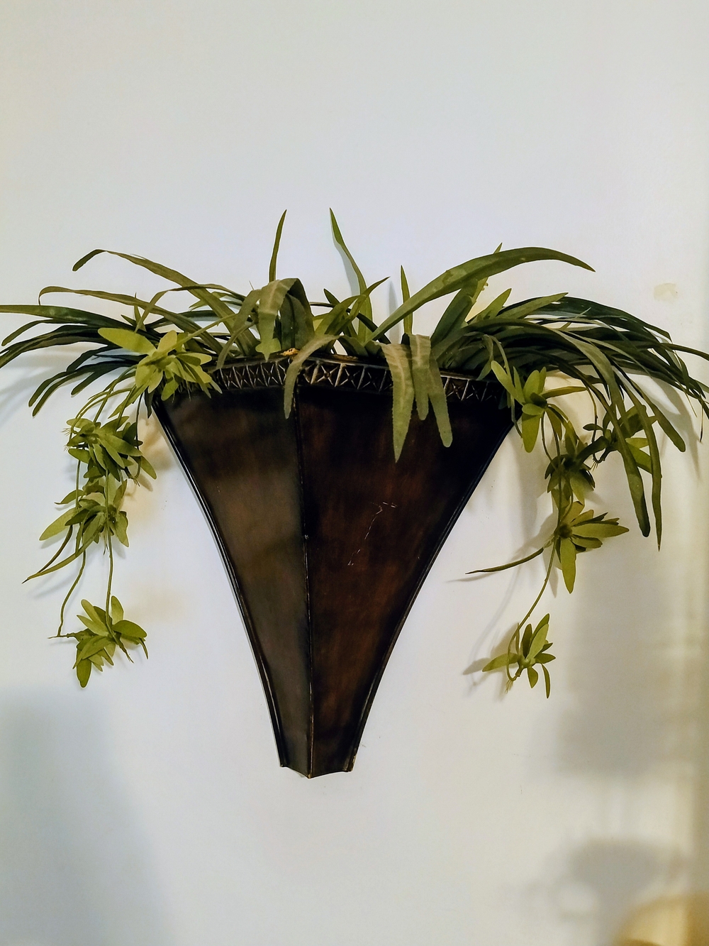 Metal Wall Pocket Planter in Dark Brown with Green Faux Foliage